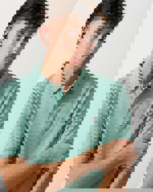 GANT Mens Regular Fit Short Sleeve Shield Logo Pique Polo - 323 Muted Turquoise detail