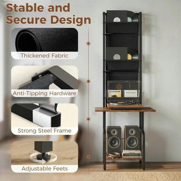 Bobobiy Vinyl Record Player Stand Record Storage with Player Stand Oxford Fabric Pockets Bottom Shelf Rustic Brown and Black