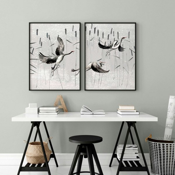 Cranes Japanese Art for home office | Set of 2 wall art prints