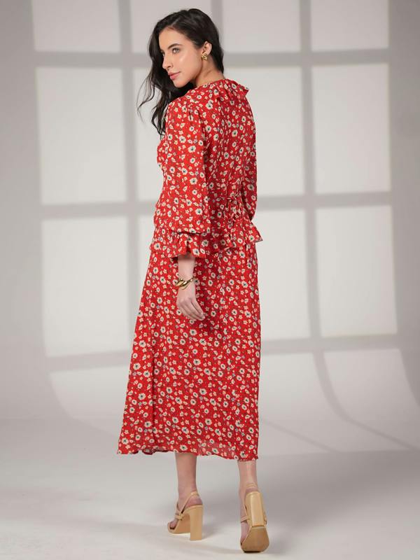 Rose & Nancy Philippa Red Floral Print Midi Skirt