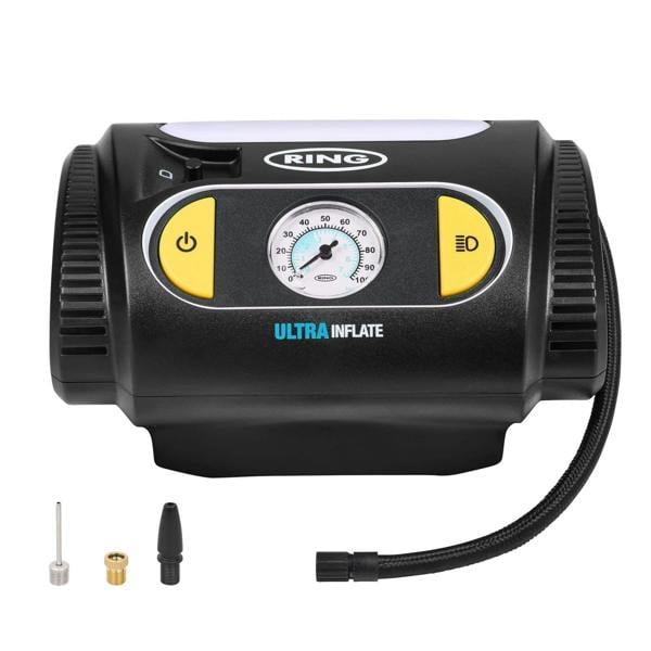 Ring Ultra Inflate 10 Tyre Inflator 12V Car Air Compressor Analogue Gauge + Kit