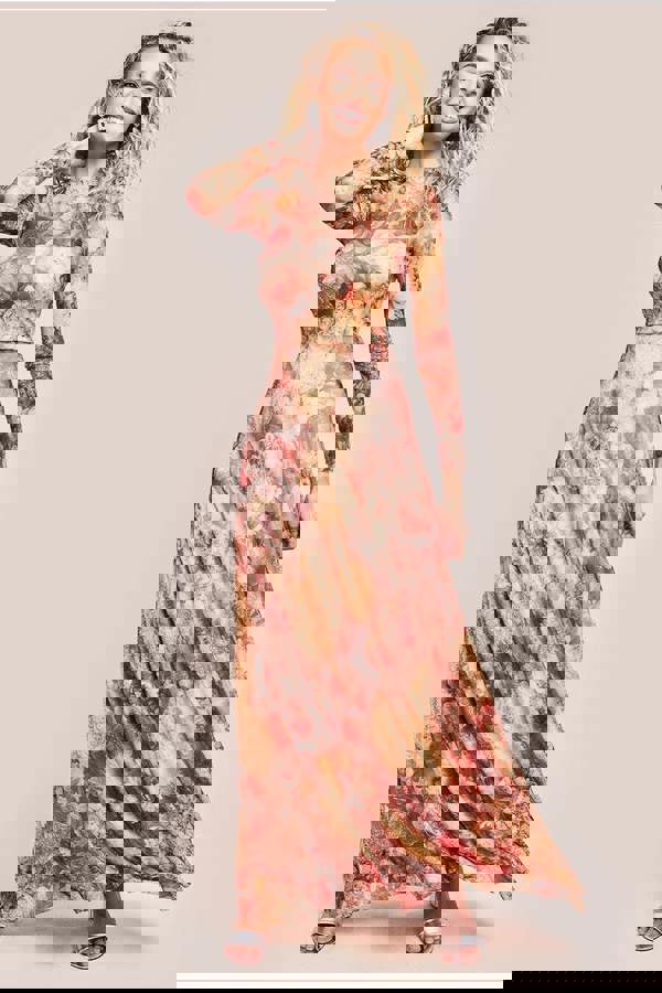 Printed Soft Mesh A-Line Maxi Dress - Orange DR4363