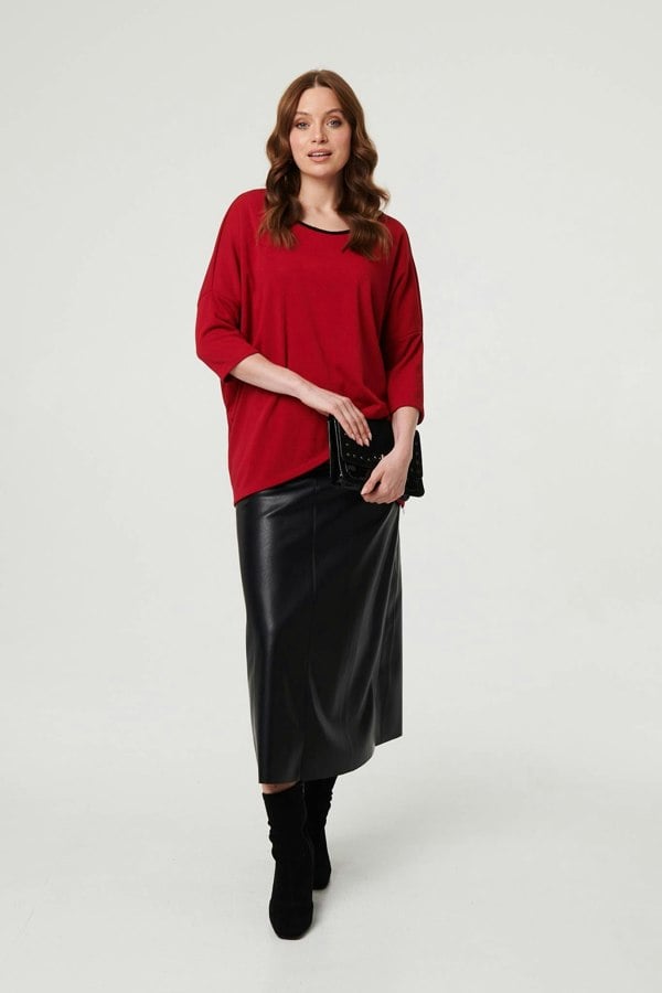 Red | Asymmetric Zip Hem 3/4 Sleeve Tunic Top
