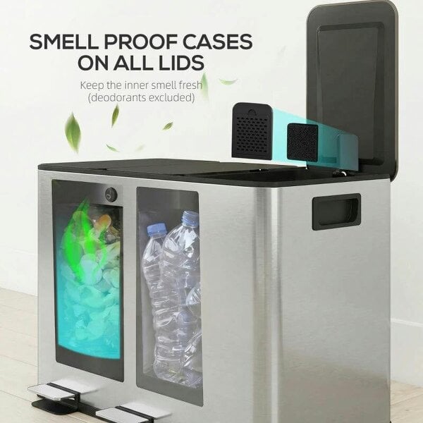 3 x 20L Pedal Bin, Steel Triple Kitchen Bin with Soft Close Lid, Removable Inner Buckets, Fingerprint-Proof, Silver Tone