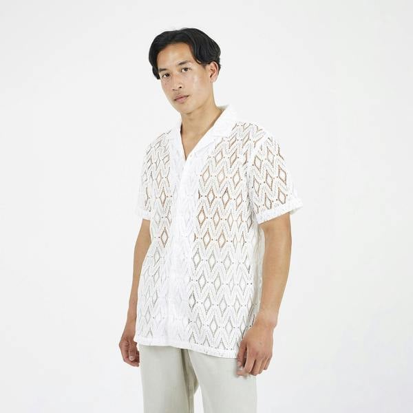 Brave Soul White Geometric Crochet Short Sleeve Shirt - White Image 1