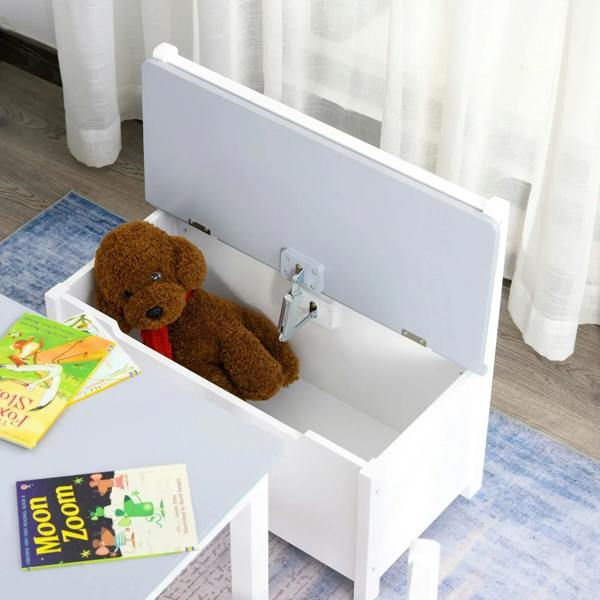 White storage bench with grey lid holding teddy bear, showing open interior space