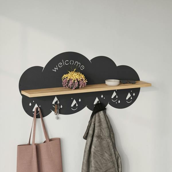 Decortie Cloudy Wall-Mounted Metal Hanger Shelf with 6 Metal Hooks Welcome Cloud Shape Functional Storage Hanger Entryway