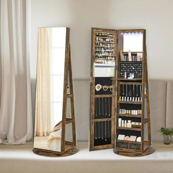 Rafaelo Mobilia Free Standing Mirror Jewellery Cabinet 360 Swivel Organiser Brown