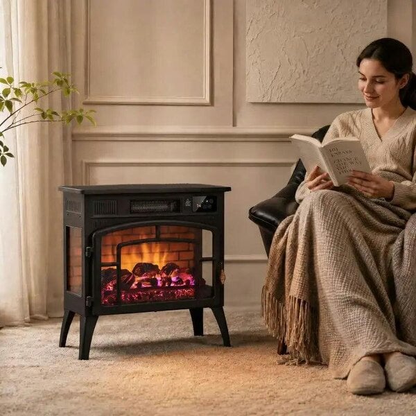 Smart Electric Fireplace Stove Log Burner, 3-Sided Glass WiFi Electric Fire Heater w/ 5-Colour Flame, Black - Black