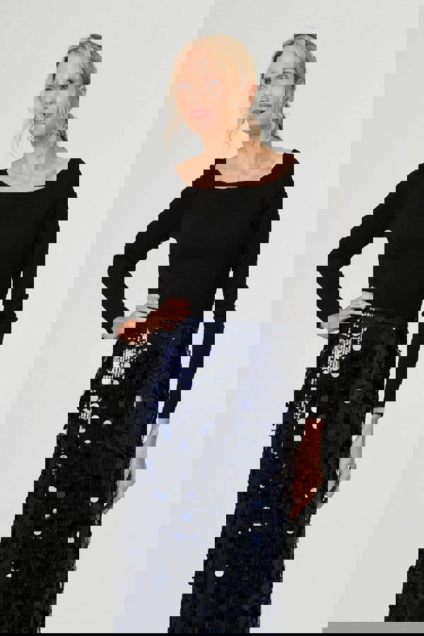 Navy | Sequin Embellished Straight Midi Skirt
