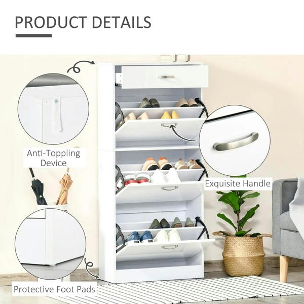White shoe cabinet details with anti-tipping device, protective foot pads, curved handle