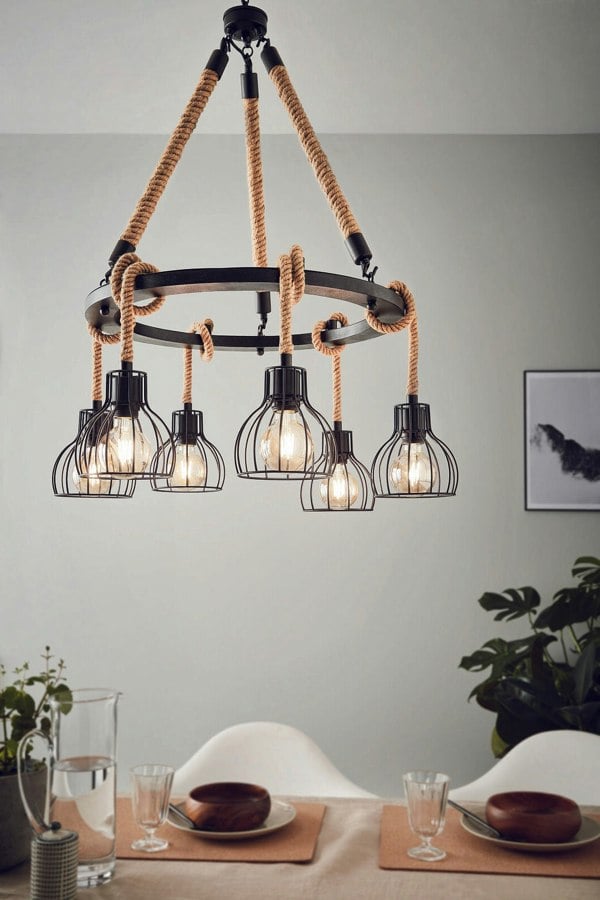 Hanging Ceiling Pendant Light Black & Rope 6x E27 Hallway Feature Chandelier Loops