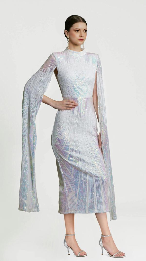 LuvForever Alexandra - White Cape Sleeve Sequin Midi Dress