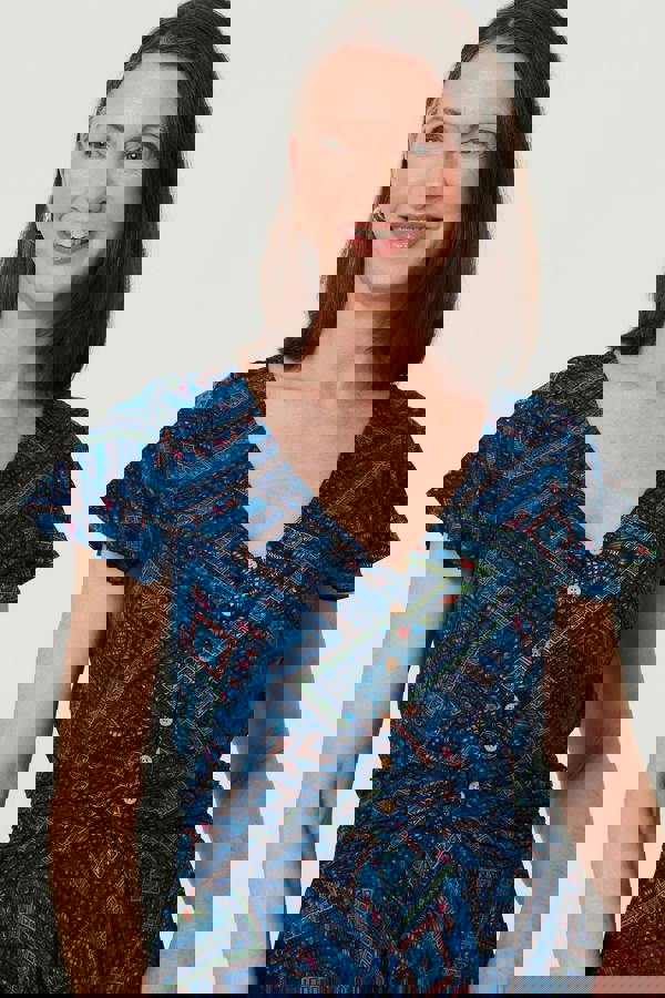 Blue | Geo Print Cap Sleeve Ruched Maxi Dress