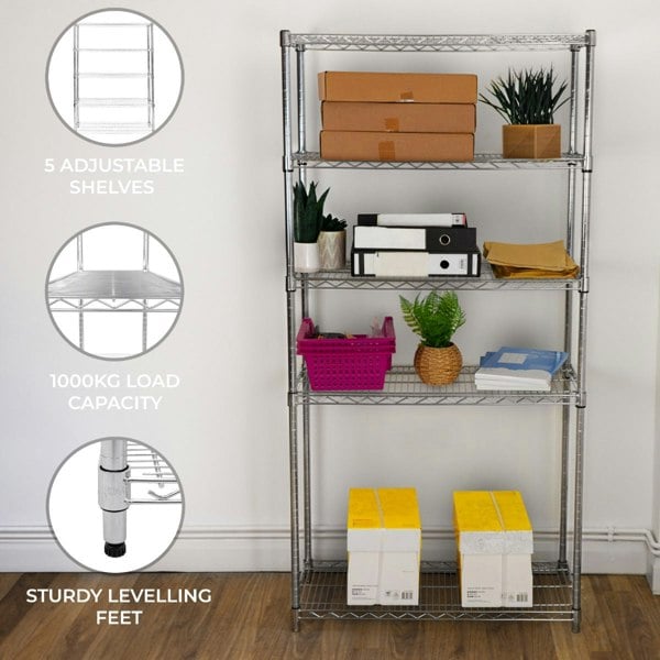 KuKoo Wire Racking with five adjustable shelves, sturdy chrome finish, 1000kg load capacity, ideal for storage and organization