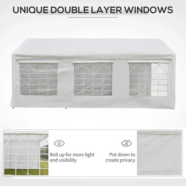 White gazebo canopy with clear double-layer window panels and side zippered openings