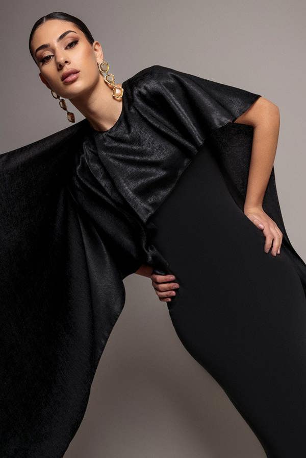 Goddiva Scoop Neck Velvet Satin Cape Sleeve Maxi Dress - Black DR5074