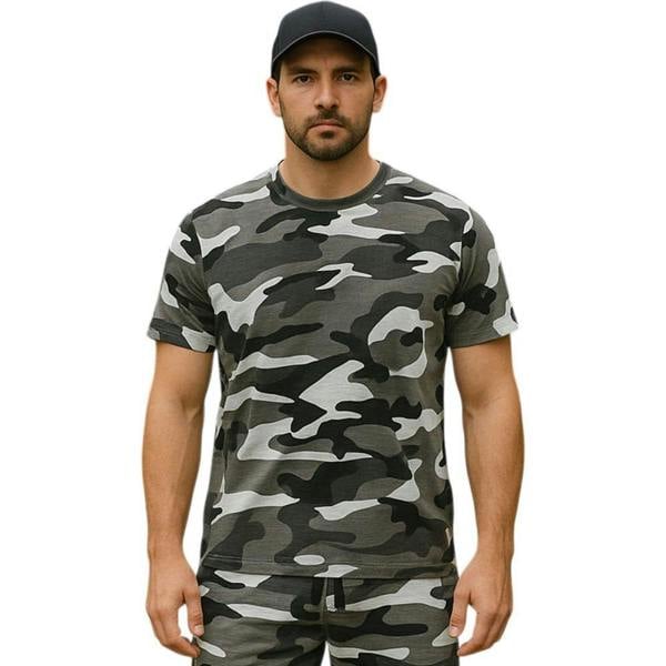 Model wearing the Game Camouflage short sleeve t-shirt in Urban Camo