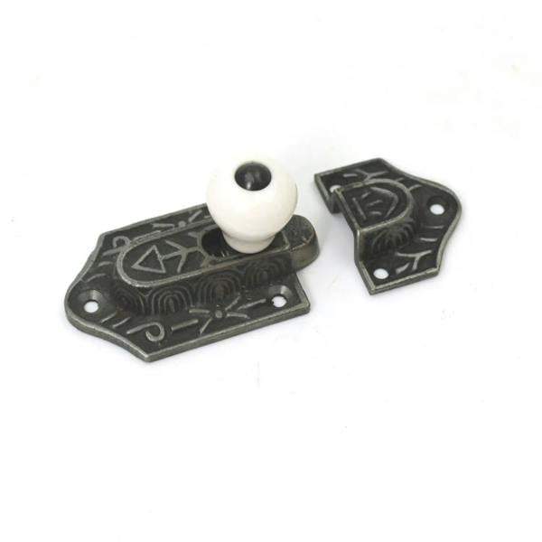 Antique Cast Iron Cupboard Door Slide Sprung Catch With Ceramic Knob