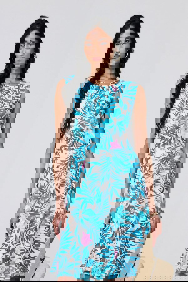 Blue | Tropical Print Sleeveless Knee Length Dress