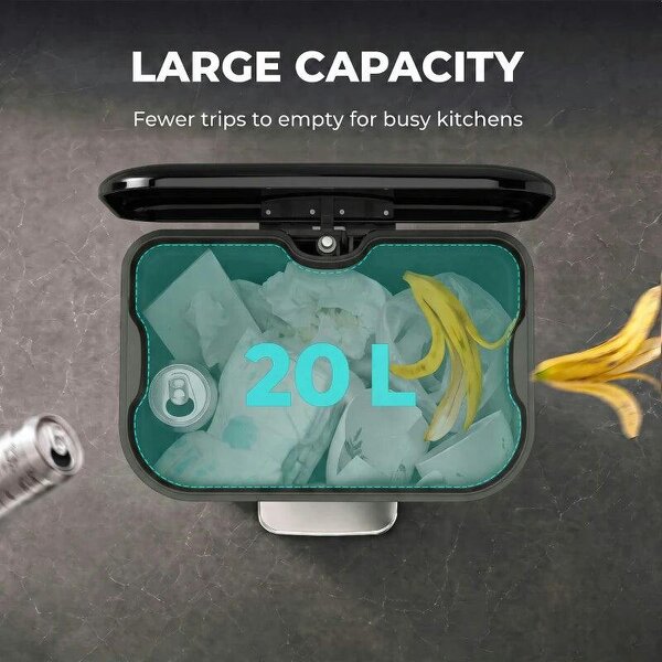 20 L Kitchen Pedal Bin, Metal Rubbish Bin with Removable Inner Bucket, Soft-Close & Stay-Open Lid, High Gloss Black
