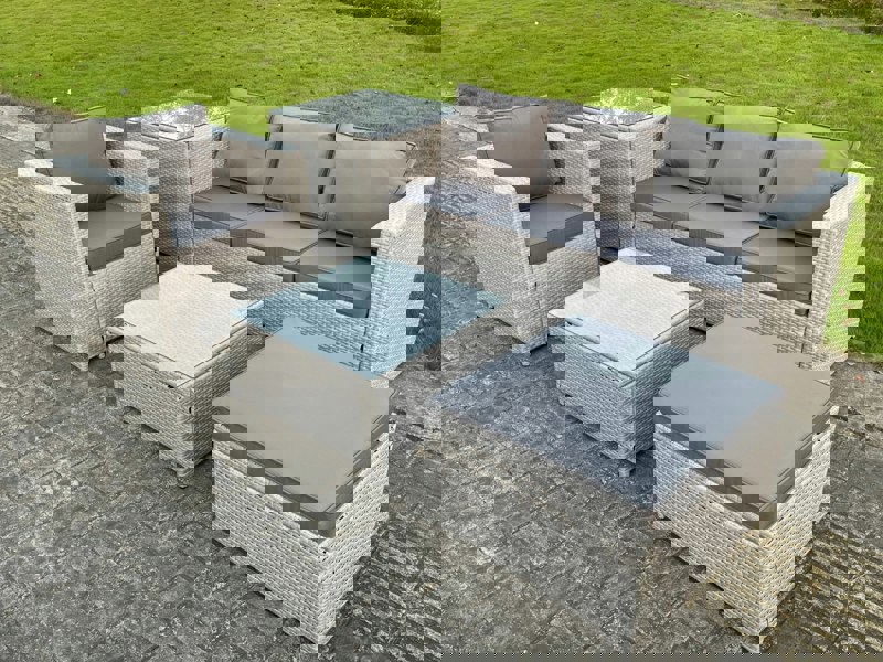 Fimous Light Grey Lounge Outdoor PE Rattan Garden Furniture Set Wicker Sofa Set Square Coffee Table Armchair Side Tea Table