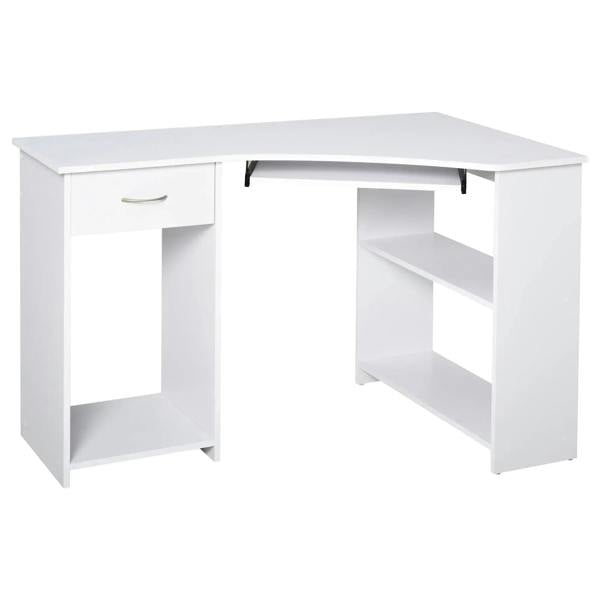 White L-shaped corner desk with drawer and open storage shelves