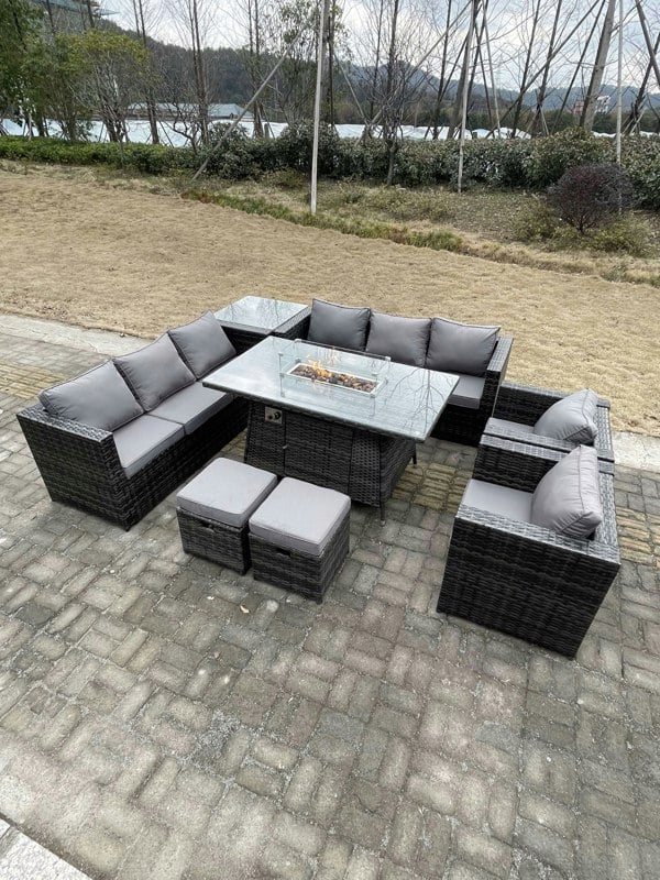 Fimous 10 Seater?Outdoor Lounge Rattan Sofa Set Garden Furniture Gas Firepit Set Dining Table With Chair Coffee Table Stools Dark Grey Mixed