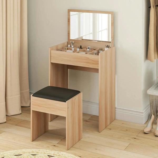 Wood vanity dressing table with upright flip-up mirror and padded stool seat