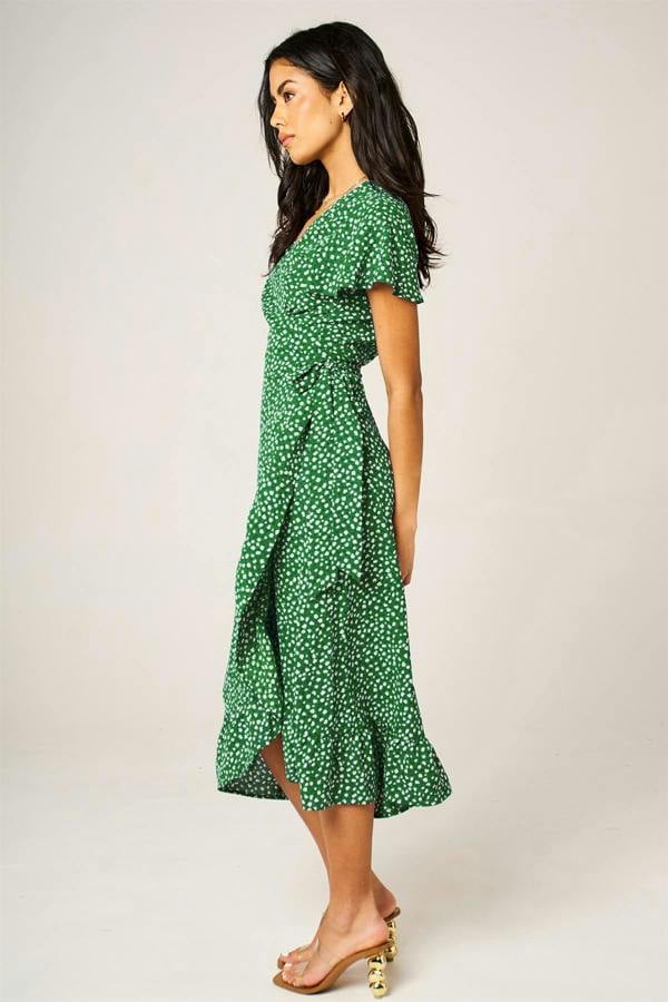 FS Collection Hem Frill Detail Little Floral Print Wrap Dress In Green