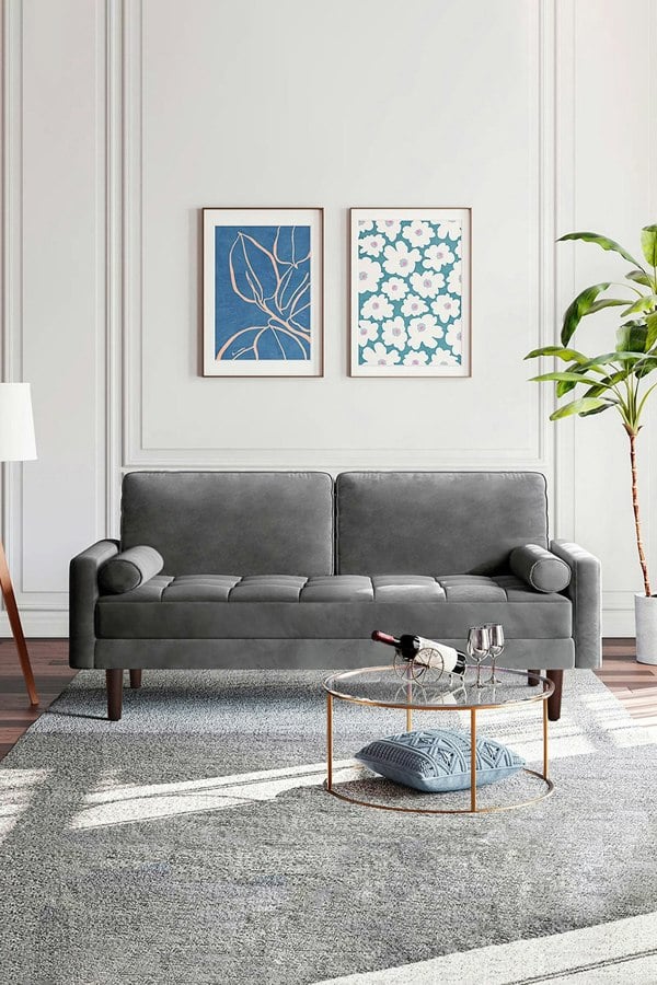 Living and Home 2-Seat Velvet Sofa with Bolster Pillows