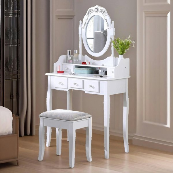 Rafaelo Mobilia 5 Drawer White Dressing Table With Mirror And Stool