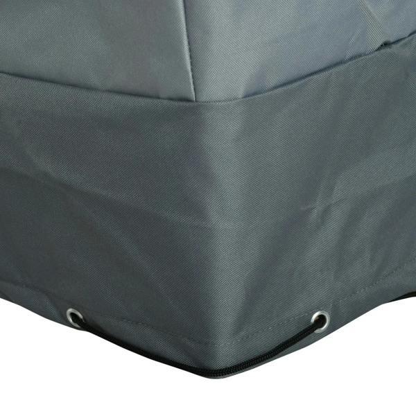 Close-up dark gray chair cover corner with grommets and drawstring eyelets