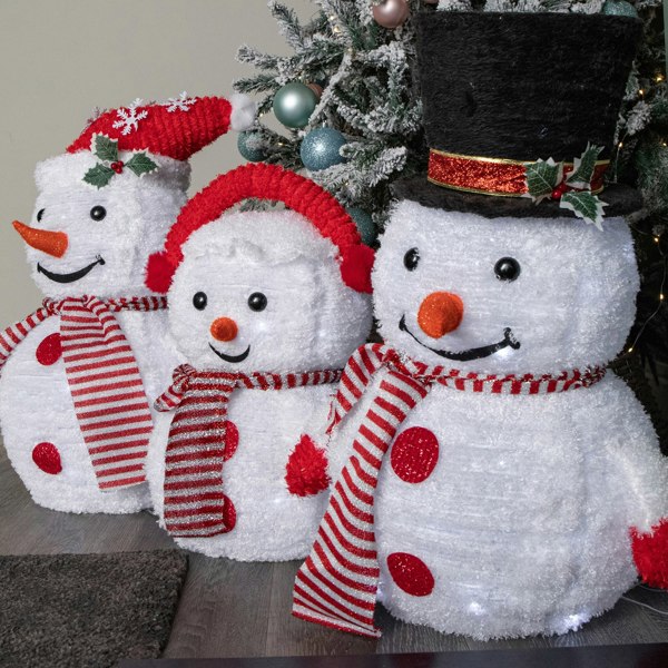 Samuel Alexander 70cm Set of 3 Light up Foldable Cloth Christmas Snowmen with 130 White LEDs