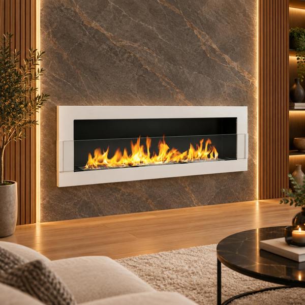 BIOFireplacesGMT Bioethanol Fireplace Wall Mounted 1200x400 White Gloss with Glass Ventless