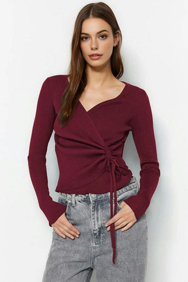 WOVCOR Double-Breasted Knit Sweater with Gathering Detail