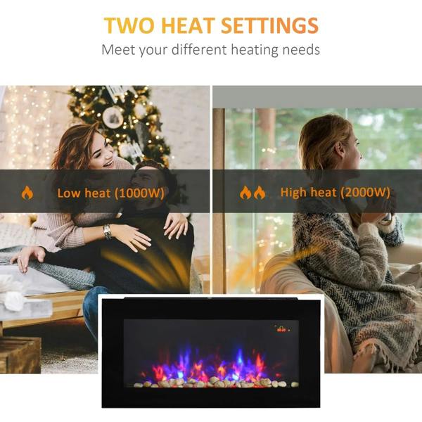 Black electric fireplace showing LED flame effect with two heat settings feature panel