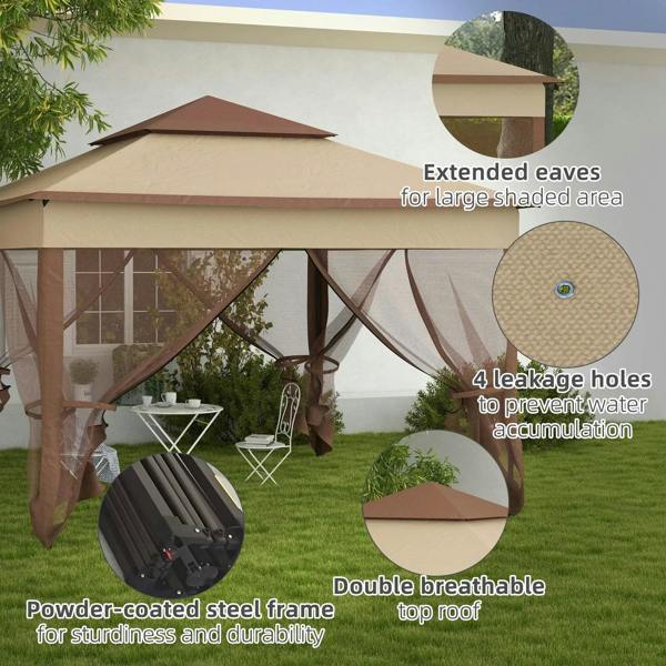 Khaki pop-up gazebo with extended eaves, double-roof top, and mesh side panels