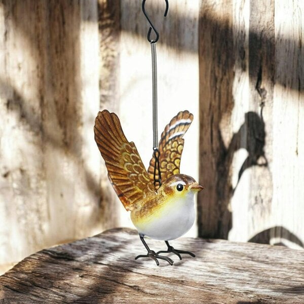 EDH Door Hardware Small Metal Hanging Wren(14cm x 10cm x 10cm) – Handcrafted Weather-Resistant Bird Ornament – Decorative Hanging Robin Sculpture