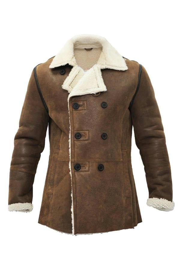 Infinity Leather Mens Double Breasted Shearling Sheepskin Pea Coat-Kington