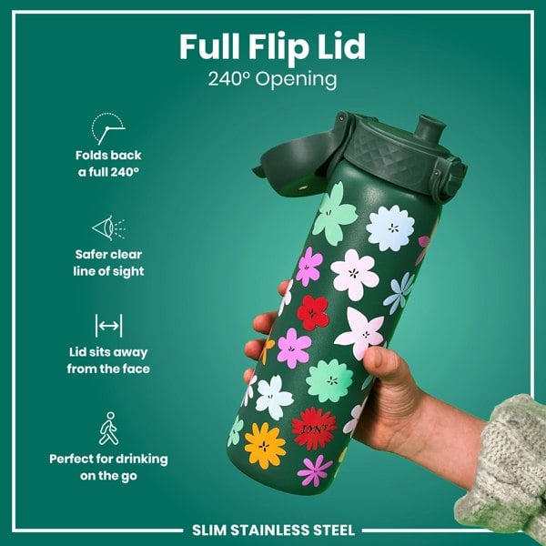 A green, flower-decorated, stainless steel water bottle is held; its full flip lid opens 240 degrees. The bottle is slim and designed for on-the-go use.