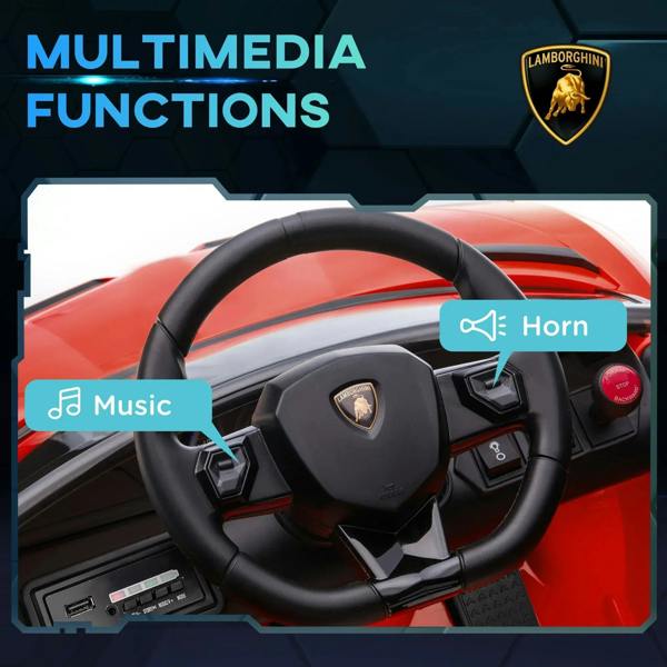 Red kids electric car interior with steering wheel, horn button, and music controls.