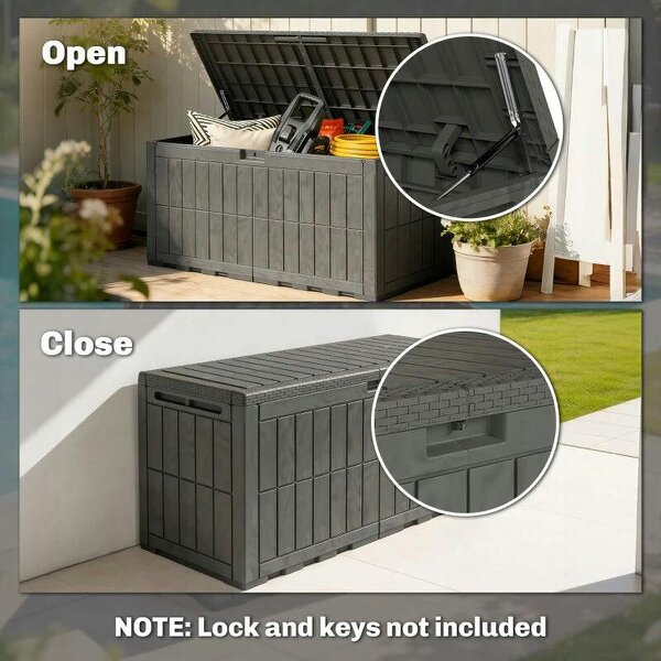 Bobobiy 440L Garden Storage Box, Waterproof & UV Resistant Resin Deck Box with Lockable Lid, Pneumatic Gas Rods, Side Handles