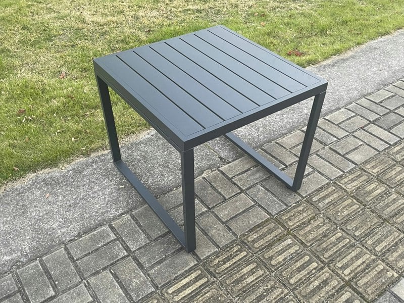 Fimous Aluminium 6 Pieces Garden Furniture Sofa Set with Cushions 8 Seater Gas Fire Pit Dining Table Set with Side Table Big Footstool Dark Grey