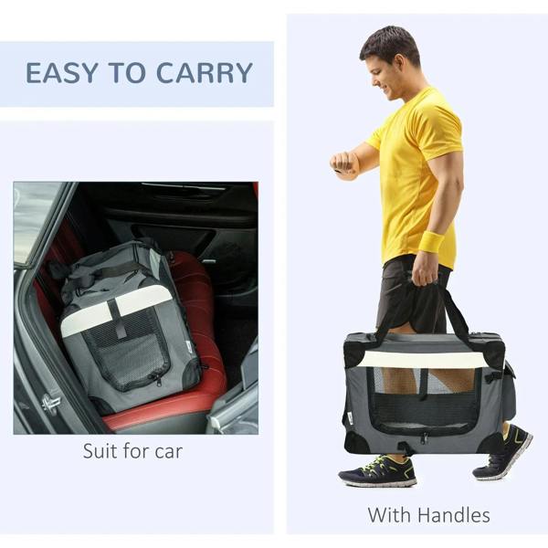 Grey foldable pet carrier with side handles, shown being carried for car transport.
