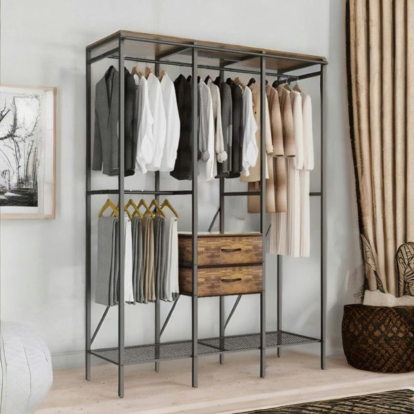 Rafaelo Mobilia Industrial Open Wardrobe Garment Rail With Shelves Rustic Brown