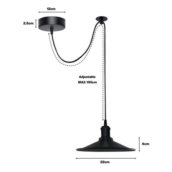 Dyzi Vintage Black Metal Cone Pendant Ceiling Light E27 Adjustable Cord