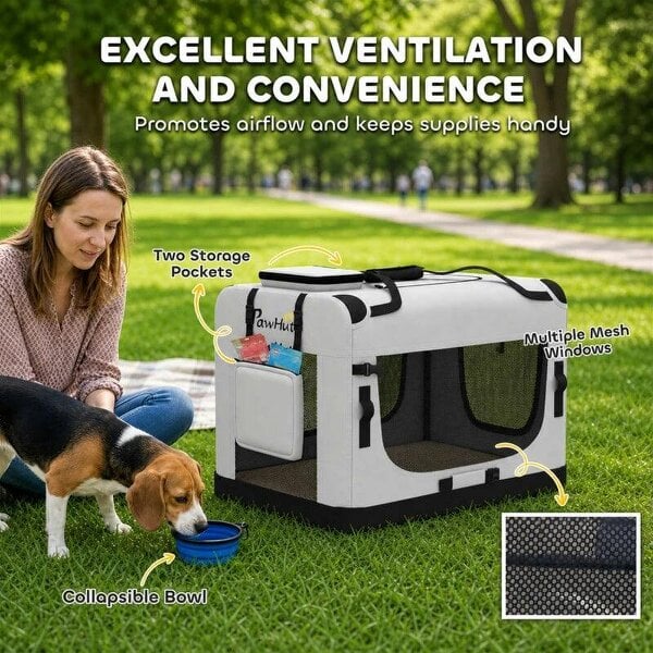 Pet Carrier Bag, Soft-Sided Dog Carrier with Security Buckle Strap, Washable Cushion and Folded Bowl, Light Grey