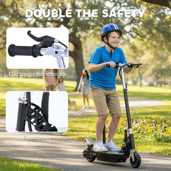 Black powered scooter with front hand brake and foot brake, child riding