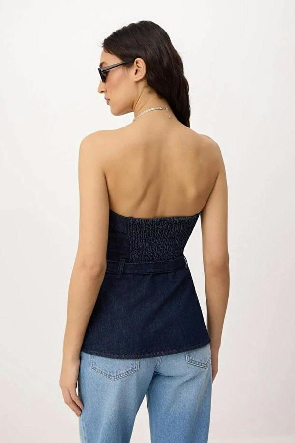 WOVCOR Belt Detail Slightly Stretchy Strapless Denim Blouse
